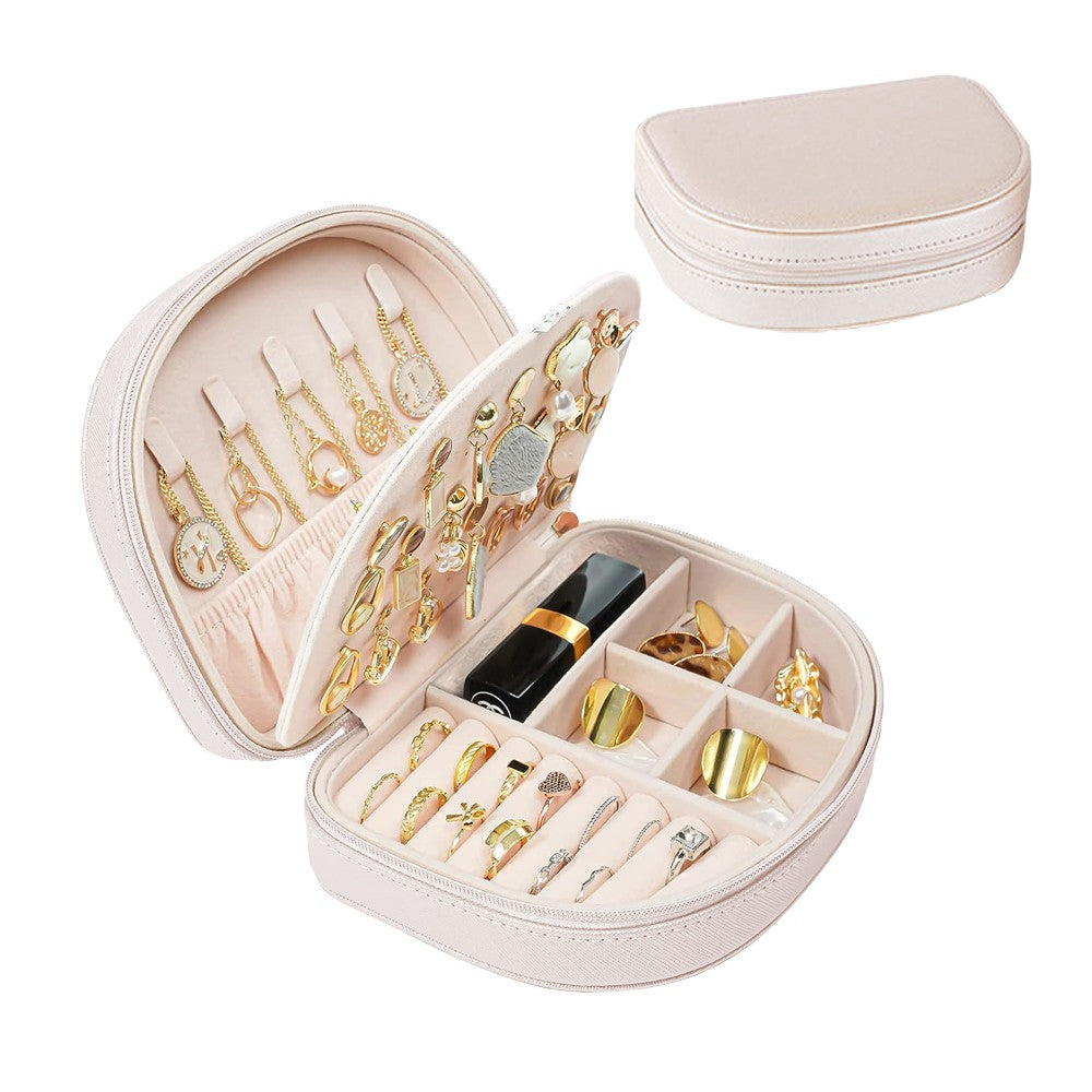 Portable Double Layer Jewelry Organizer Box PU Leather Jewelry Storage Case Apricot