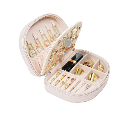 Portable Double Layer Jewelry Organizer Box PU Leather Jewelry Storage Case Apricot