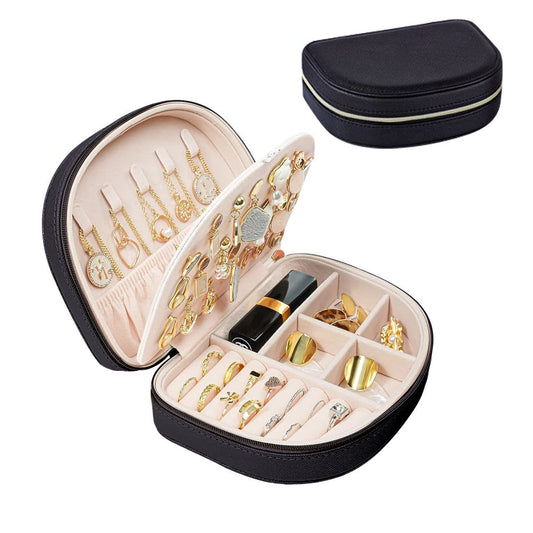 Portable Double Layer Jewelry Organizer Box PU Leather Jewelry Storage Case Black