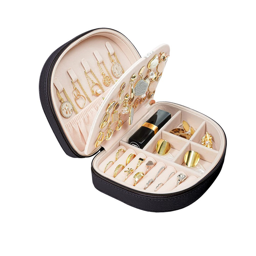 Portable Double Layer Jewelry Organizer Box PU Leather Jewelry Storage Case Black