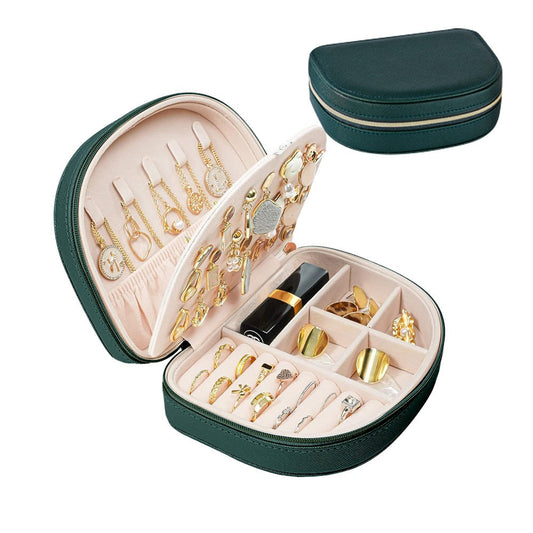 Portable Double Layer Jewelry Organizer Box PU Leather Jewelry Storage Case Green