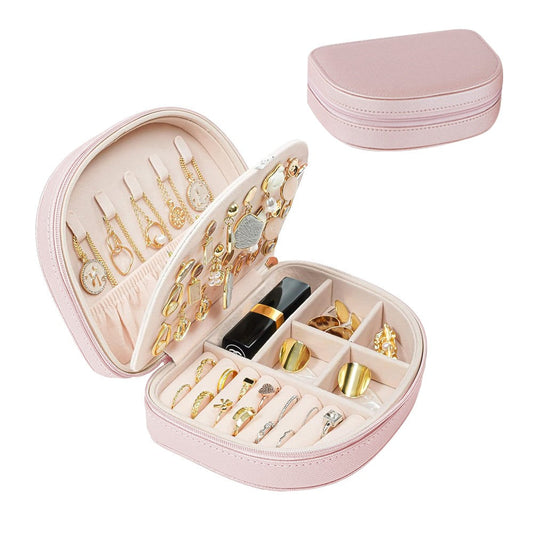 Portable Double Layer Jewelry Organizer Box PU Leather Jewelry Storage Case Pink