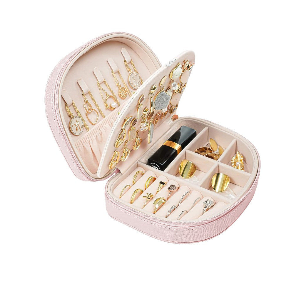 Portable Double Layer Jewelry Organizer Box PU Leather Jewelry Storage Case Pink