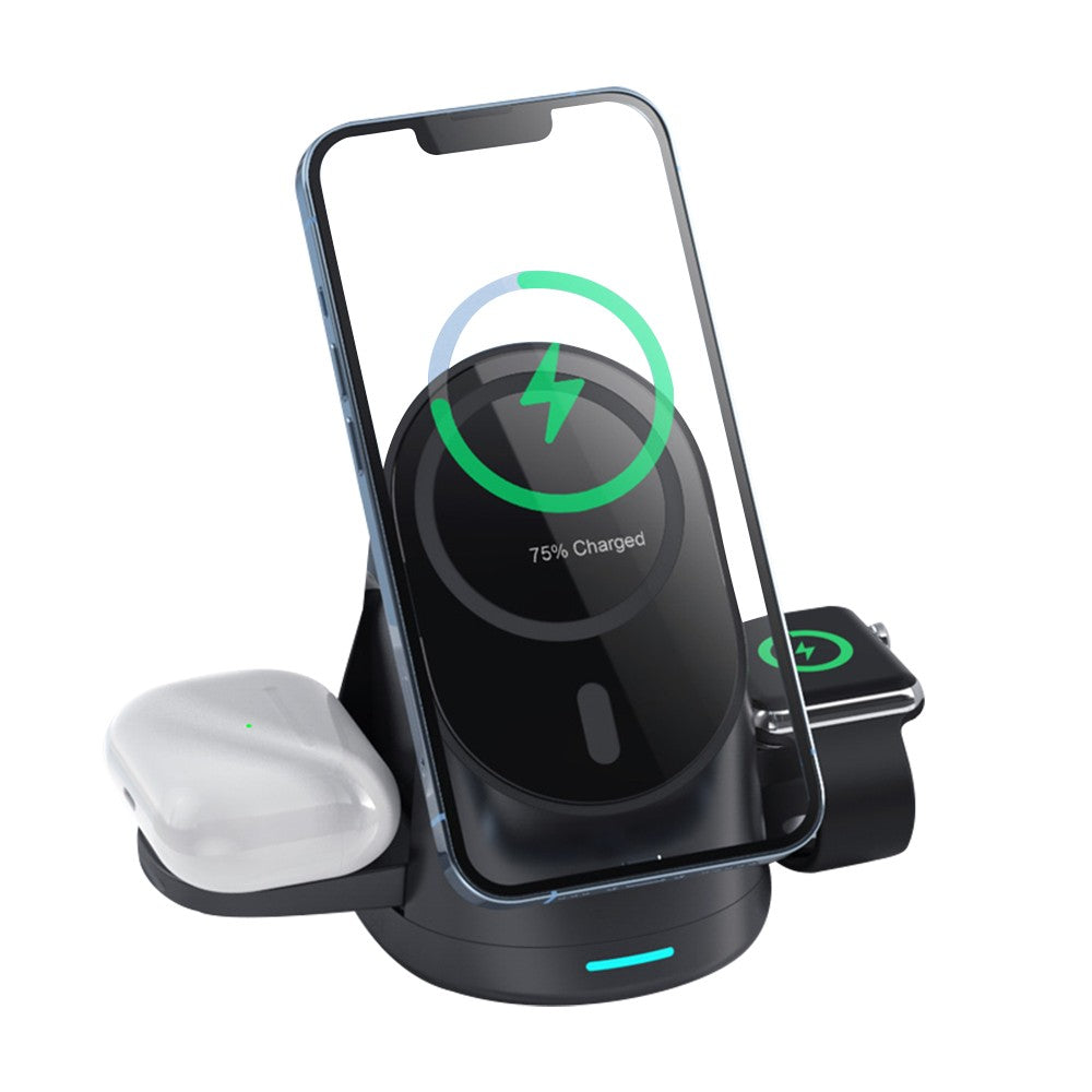 3-in-1 Wireless Magnetic Charger Qi Fast Charging Stand for iPhone Airpods Black