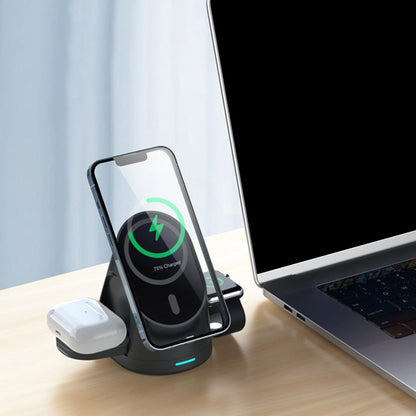 3-in-1 Wireless Magnetic Charger Qi Fast Charging Stand for iPhone Airpods Black