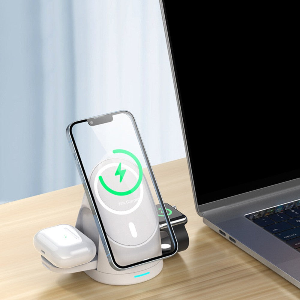 3-in-1 Wireless Magnetic Charger Qi Fast Charging Stand for iPhone Airpods White
