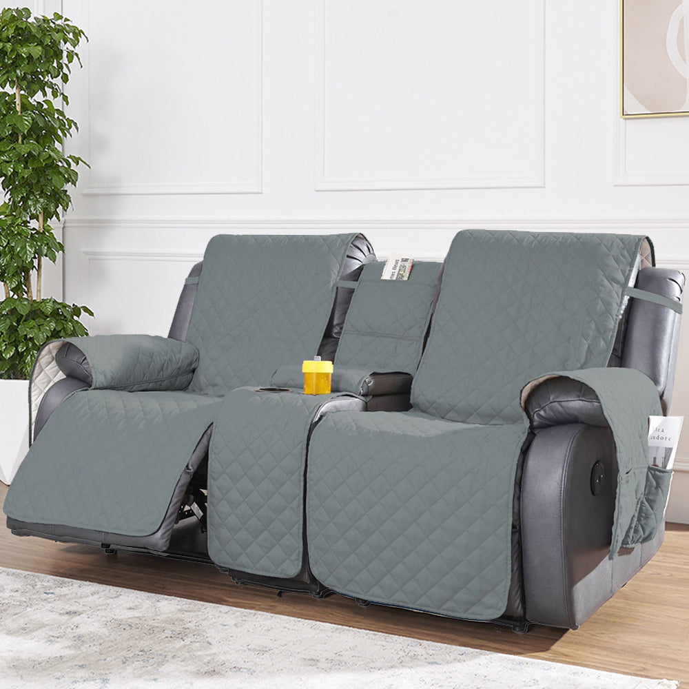 2-Seater Water Resistant Non-Slip Split Recliner Couch Cover with Console Sofa Chair Protector Slipcovers Gray