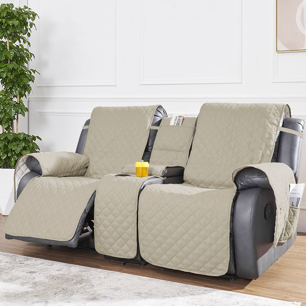 2-Seater Water Resistant Non-Slip Split Recliner Couch Cover with Console Sofa Chair Protector Slipcovers Khaki