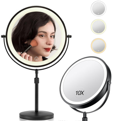Rotating Double-Side Makeup Mirror 1X/10X Magnifying Cosmetic Mirror with Adjustable LED Light Black