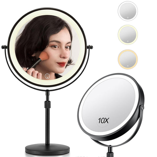 Rotating Double-Side Makeup Mirror 1X/10X Magnifying Cosmetic Mirror with Adjustable LED Light Black