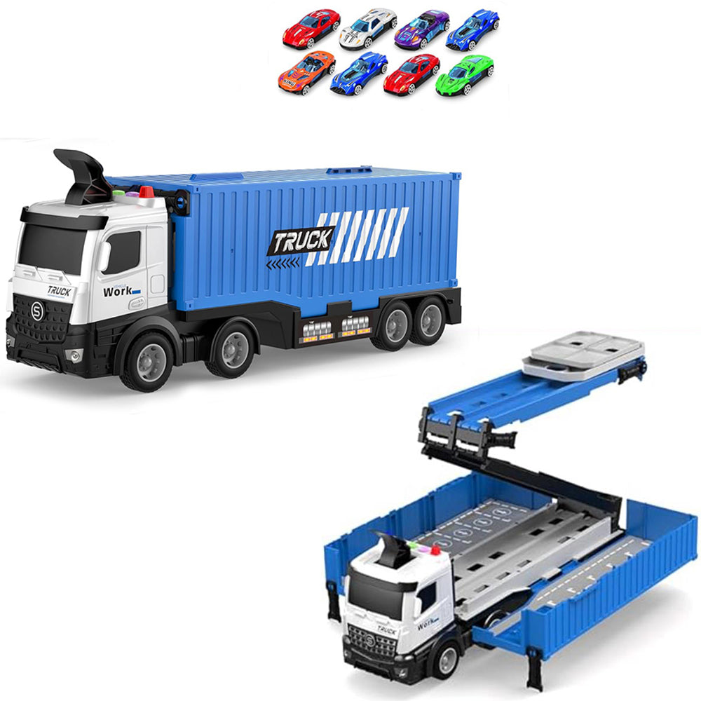 Transform Carrier Truck Race Track Toys with 8 Mini Race Cars Blue