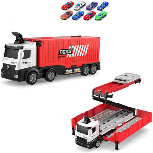 Transform Carrier Truck Race Track Toys with 8 Mini Race Cars Red