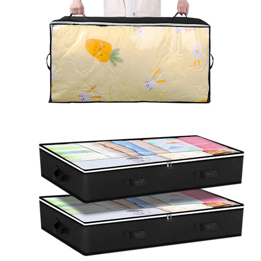 2 Pack Under Bed Zipper Storage Containers 90L Collapsible Closet Organizer Bins with Clear Window Black