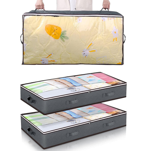 2 Pack Under Bed Zipper Storage Containers 90L Collapsible Closet Organizer Bins with Clear Window Grey