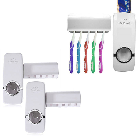 2Pcs Automatic Toothpaste Dispenser and Toothbrush Holder Set Wall Mounted Toothpaste Squeezer Toothbrush Organizer