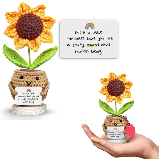 2Pcs Handcrafted Sunflower Doll Soft Acrylic Fabric Yarn Decor with Motivational Card