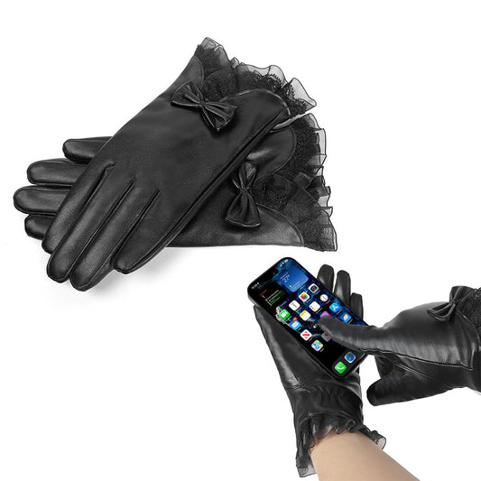 Pair of Women Winter Gloves Touch Screen Driving Warm PU Leather Gloves Style 1