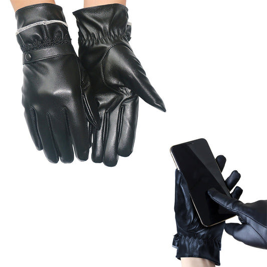 Pair of Women Winter Gloves Touch Screen Driving Warm PU Leather Gloves Style 2