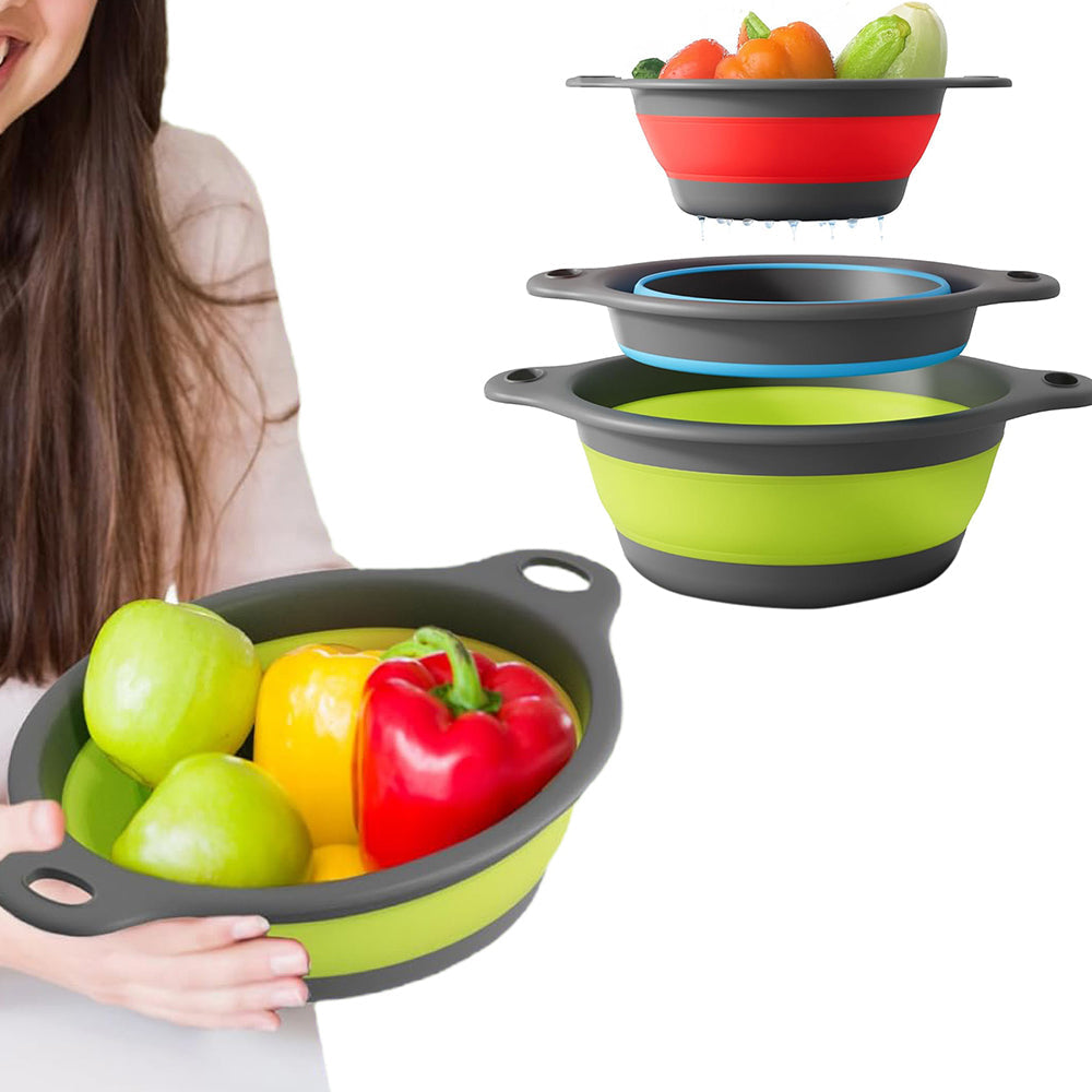 3Pcs Set Foldable Colanders for Vegetables Fruit Draining Baskets with Base Multicolor