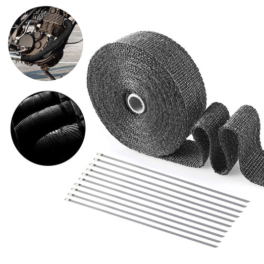 10M Pipe Heat Insulation Wrap Tape for Motorcycle Fiberglass Heat Shield Tape with Stainless Ties Black