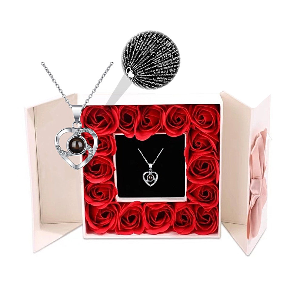 Valentines Preserved Rose with I Love You Necklace for Her Mothers Day Anniversary Birthday Gift Silver