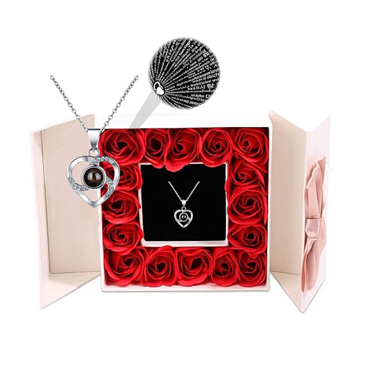 Valentines Preserved Rose with I Love You Necklace for Her Mothers Day Anniversary Birthday Gift Silver