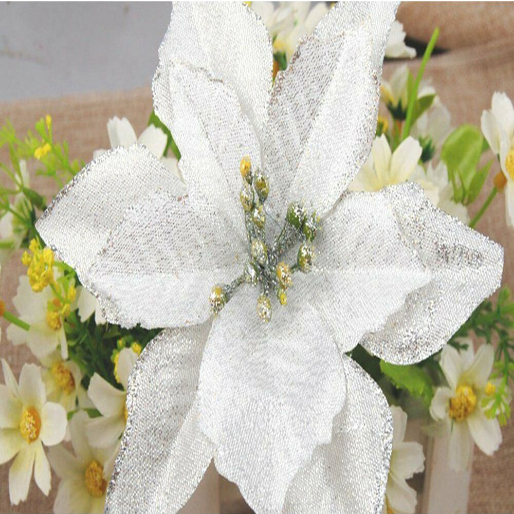 60 Pieces Christmas Glitter Artificial Flowers Ornaments