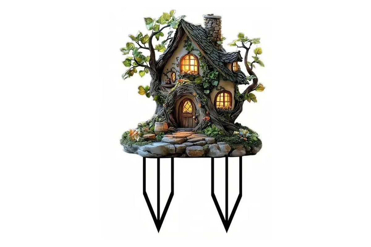2Pcs Acrylic Fairy House Stake Fairy Garden Stake 2D Garden Fairy House Statue -Tree house and Mushroom house