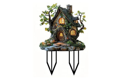 2Pcs Acrylic Fairy House Stake Fairy Garden Stake 2D Garden Fairy House Statue -Tree house and Mushroom house