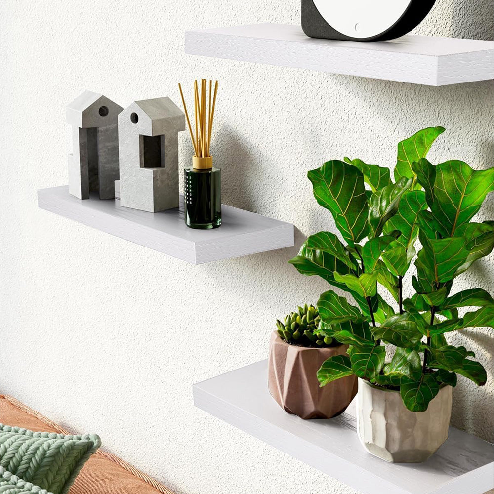 3Pcs Set Wall Mounted Floating Shelves Hanging Wood Storage Shelves for Home Bathroom White