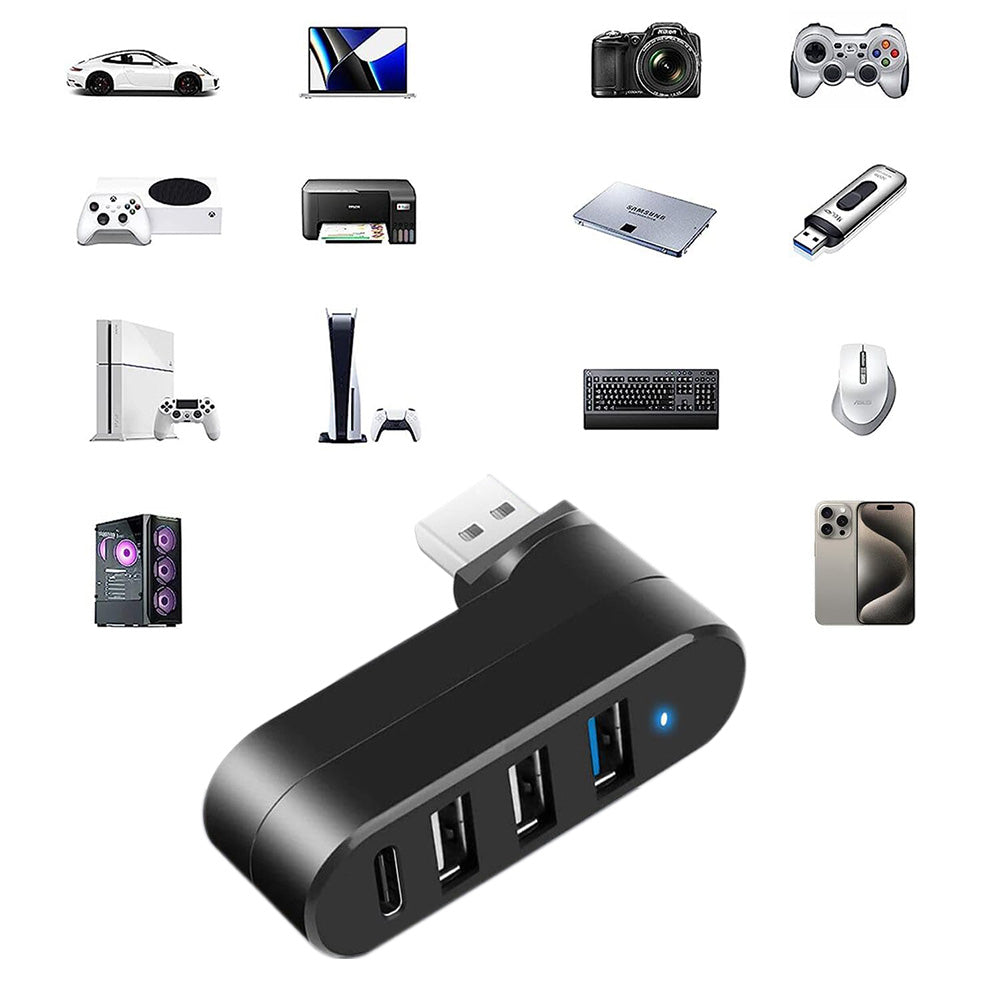 4-Port USB 3.0 Hub 180-Degree Rotating USB Splitter for Laptop Car Black