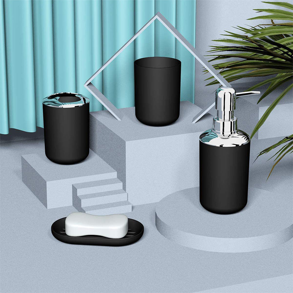 6 Piece Bathroom Accessories Set Soap Dish Soap Dispenser Toothbrush Holder Toilet Brush Trash Bin-Black