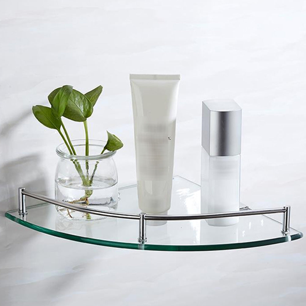 2Pcs Glass Corner Bathroom Shelf with Stainless Steel Guard Rail