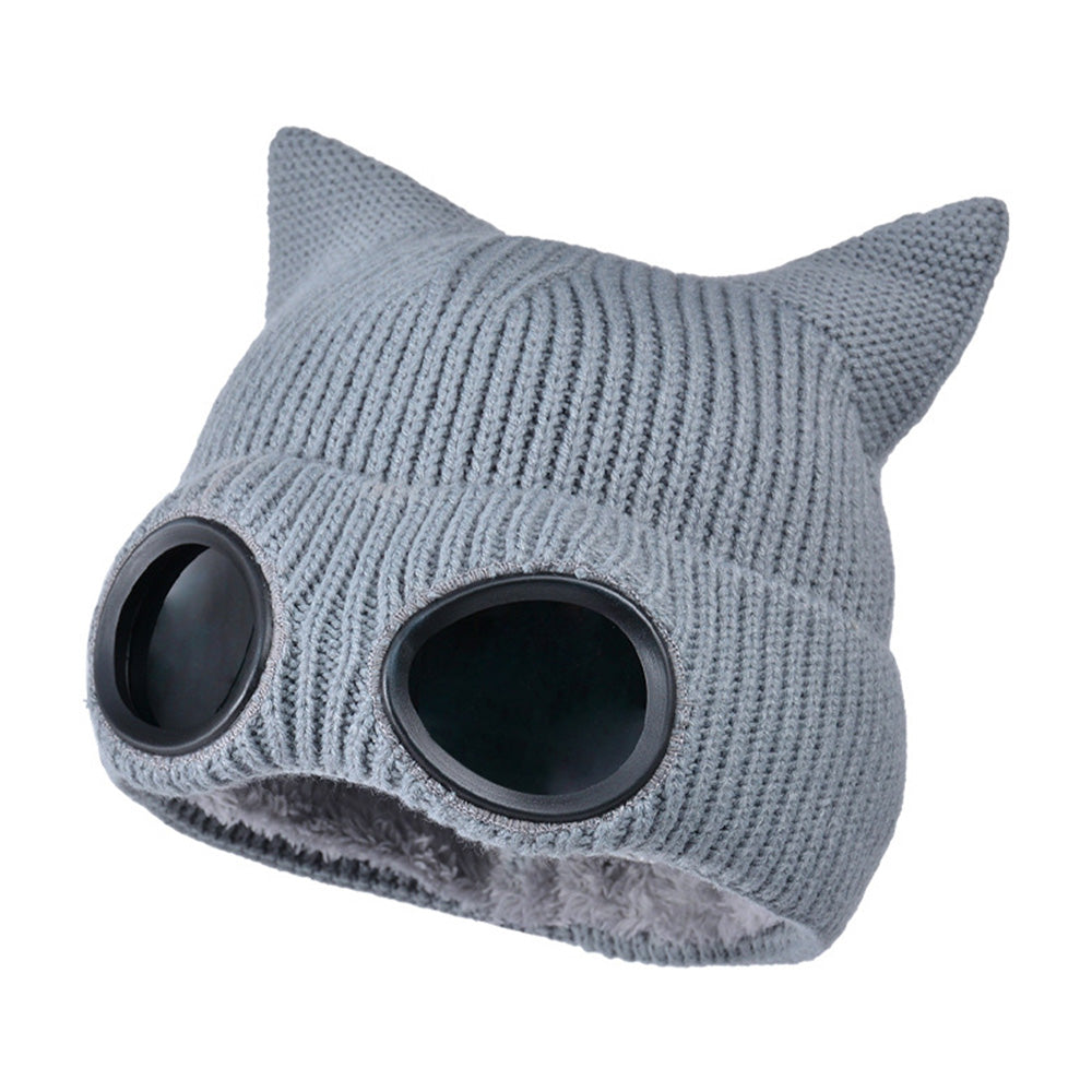 Double Layer Knit Winter Beanie with Goggles - Grey