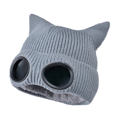 Double Layer Knit Winter Beanie with Goggles - Grey