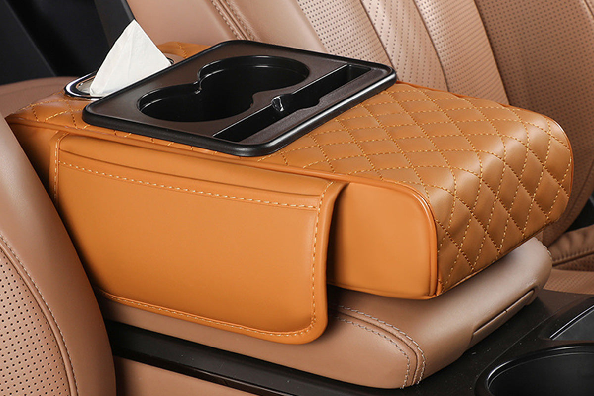 Car Armrest Cushion Organizer with Cup Holder Center Console Booster Pad-Brown