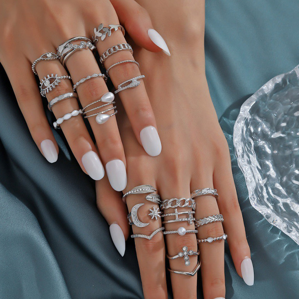 23Pcs Geometric Knuckle Ring Set Stackable Rings-Silver