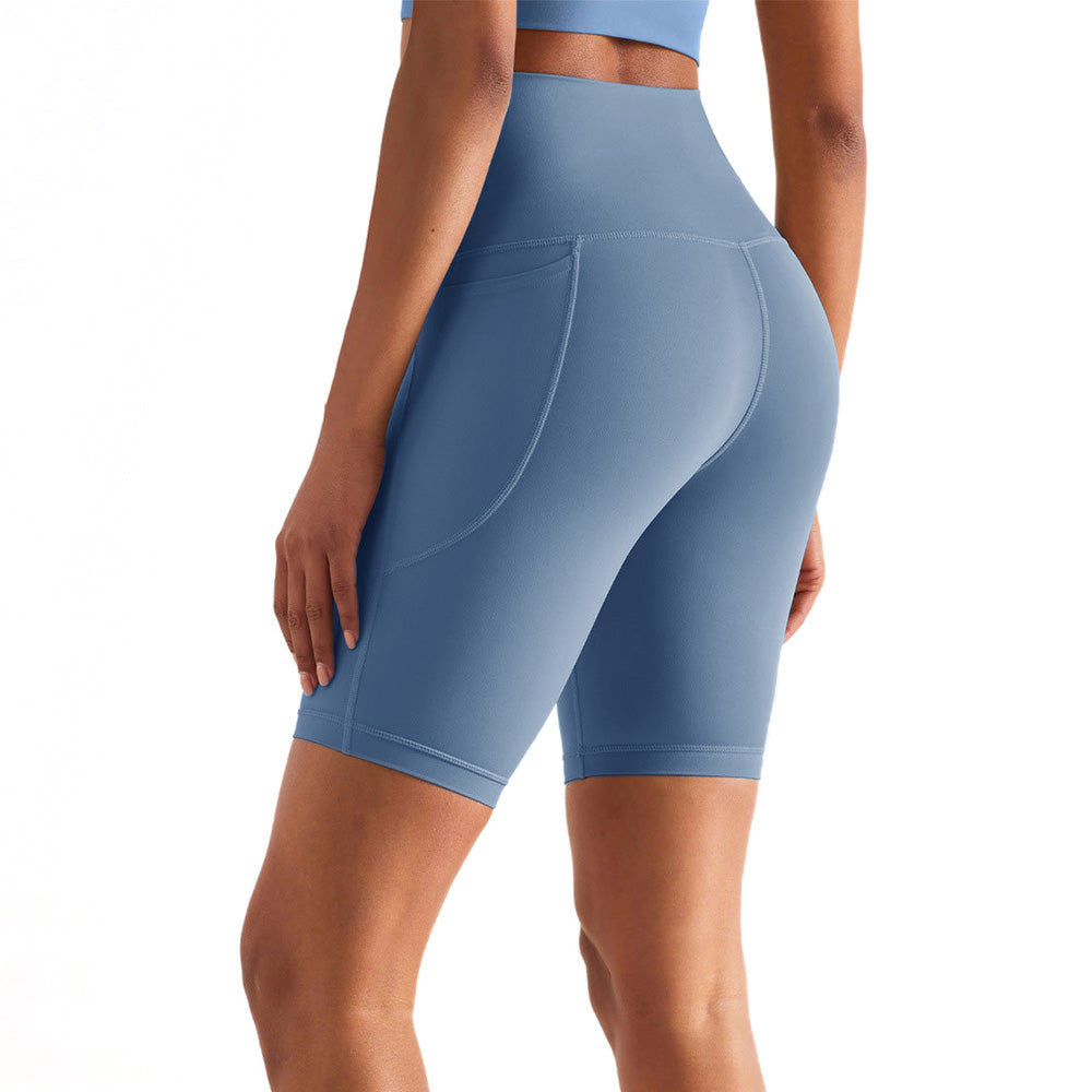 Women High Waist Biker Yoga Shorts with Pockets-Blue
