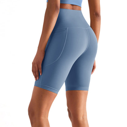 Women High Waist Biker Yoga Shorts with Pockets-Blue