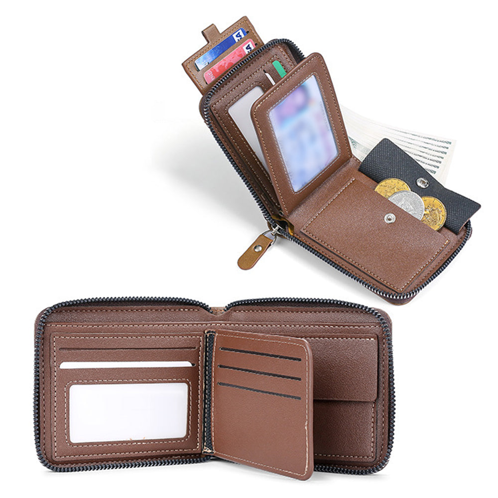 RFID Blocking Wallet Men PU Bifold Credit Card ID Holder Zipper Purse Coffee