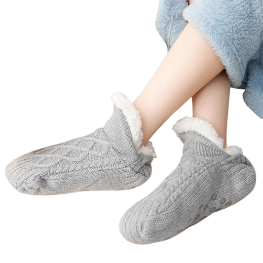 V Cut Faux Shearling Slipper Socks Non Slip Indoor Winter Socks-Grey