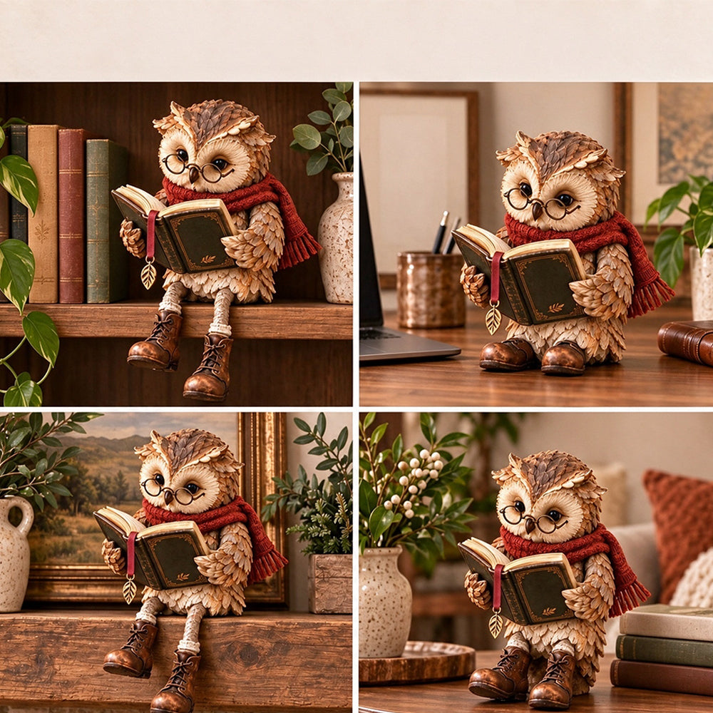 Reading Owl Figurine Resin Cute Whimsical Bookshelf Decor for Mantel Desk