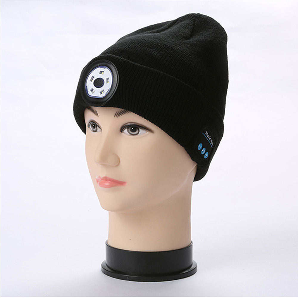 Unisex Wireless Bluetooth Headphone Hat LED Torch Beanies Black
