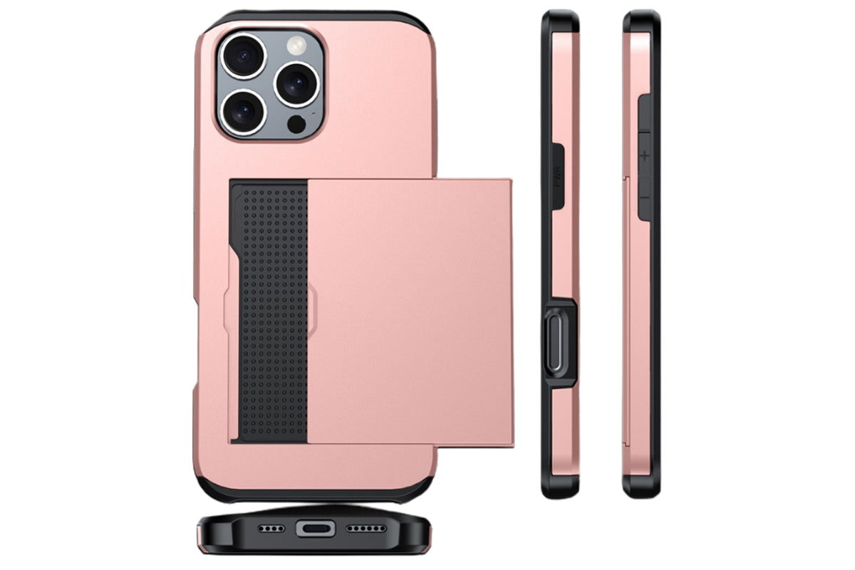 Shockproof Phone Cover Case With Card Holder For Apple iPhone 16 Or 15 Series-Rose Gold
