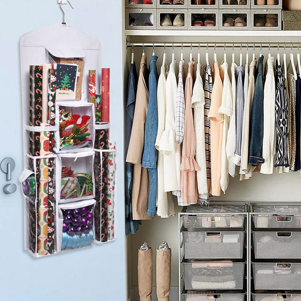 Double Sided Hanging Gift Wrap Organizer Wrapping Paper Bag Storage White