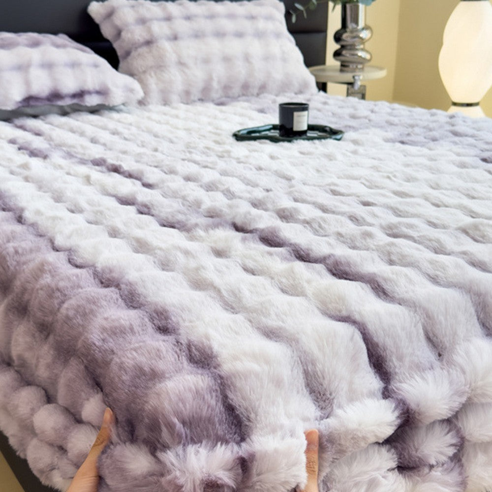 Plush Fitted Sheet with 2 Pillowcases Set Warm Mattress Cover Faux Fur Fitted Sheet Bedding Kit Purple