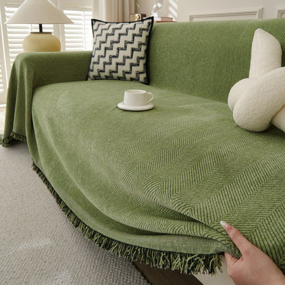 Herringbone Tassel Sofa Throw Cover Large Blanket for Couch Furniture Protector-Green