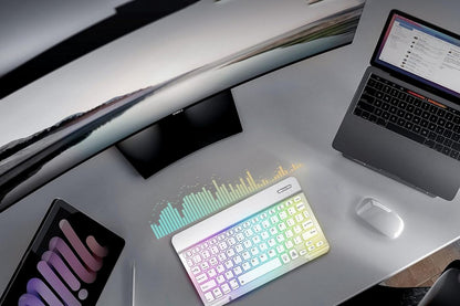 Ultra thin Bluetooth Keyboard and Mouse Combo for iPad Rechargeable RGB Wireless Keyboard Mouse 7-Color Backlit-White