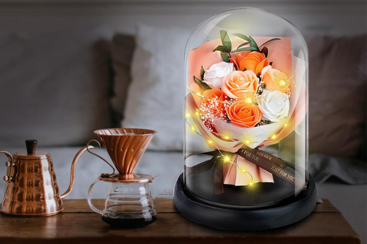 Rose in Glass Dome Handmade Preserved Flower Decoration Dome with Led LightsChampagne
