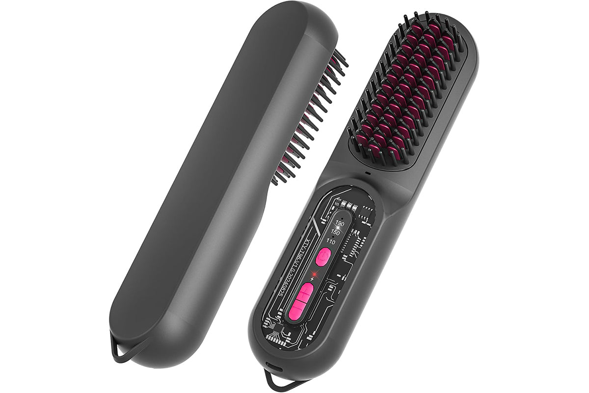 2-in-1 Ionic Hair Straightener Brush with Anti-Scald Ceramic Straightening Brush -Rose Red